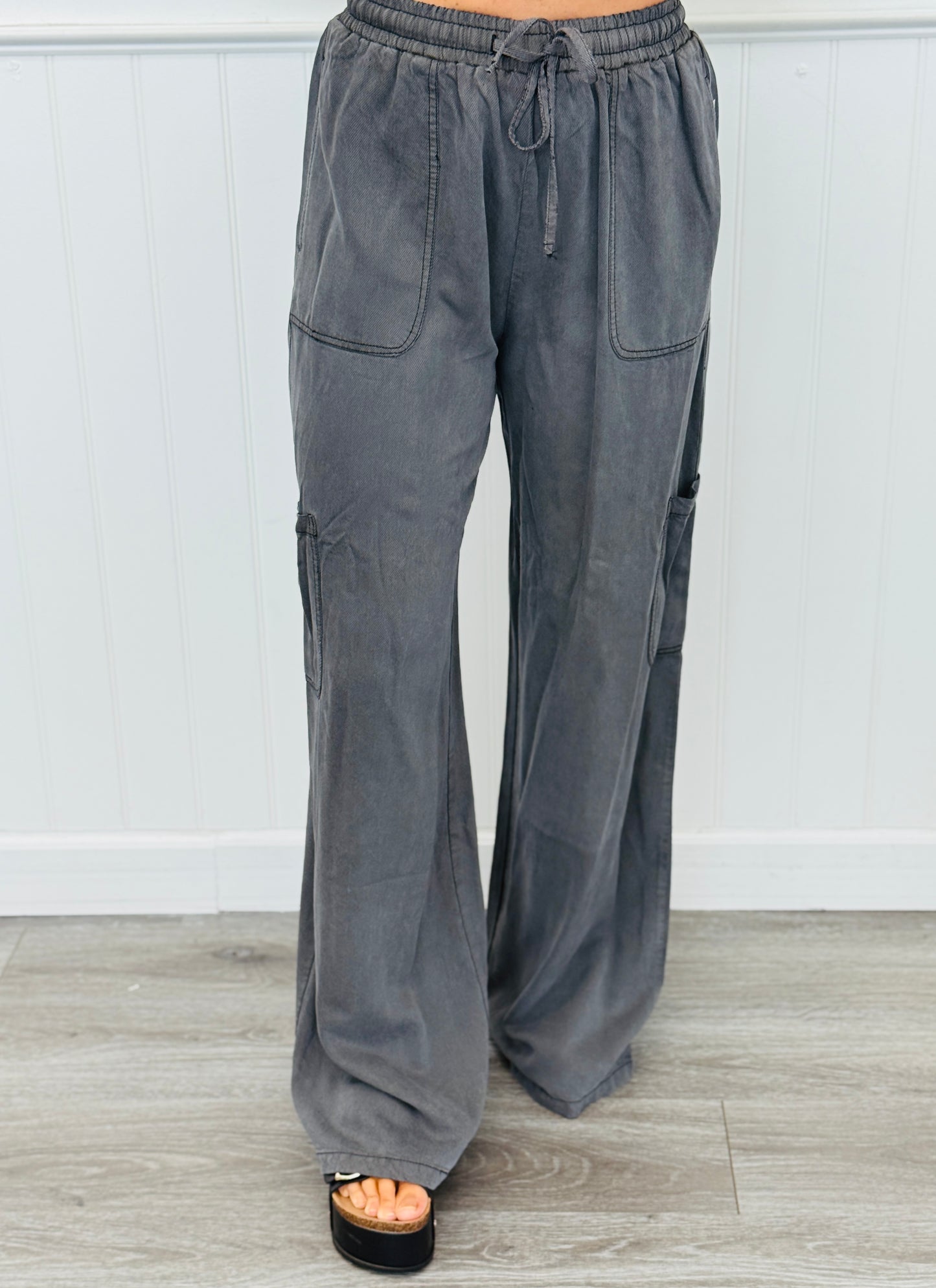 Charcoal Mineral Wash Tencel Wide Leg Pants (Reg. & Plus)