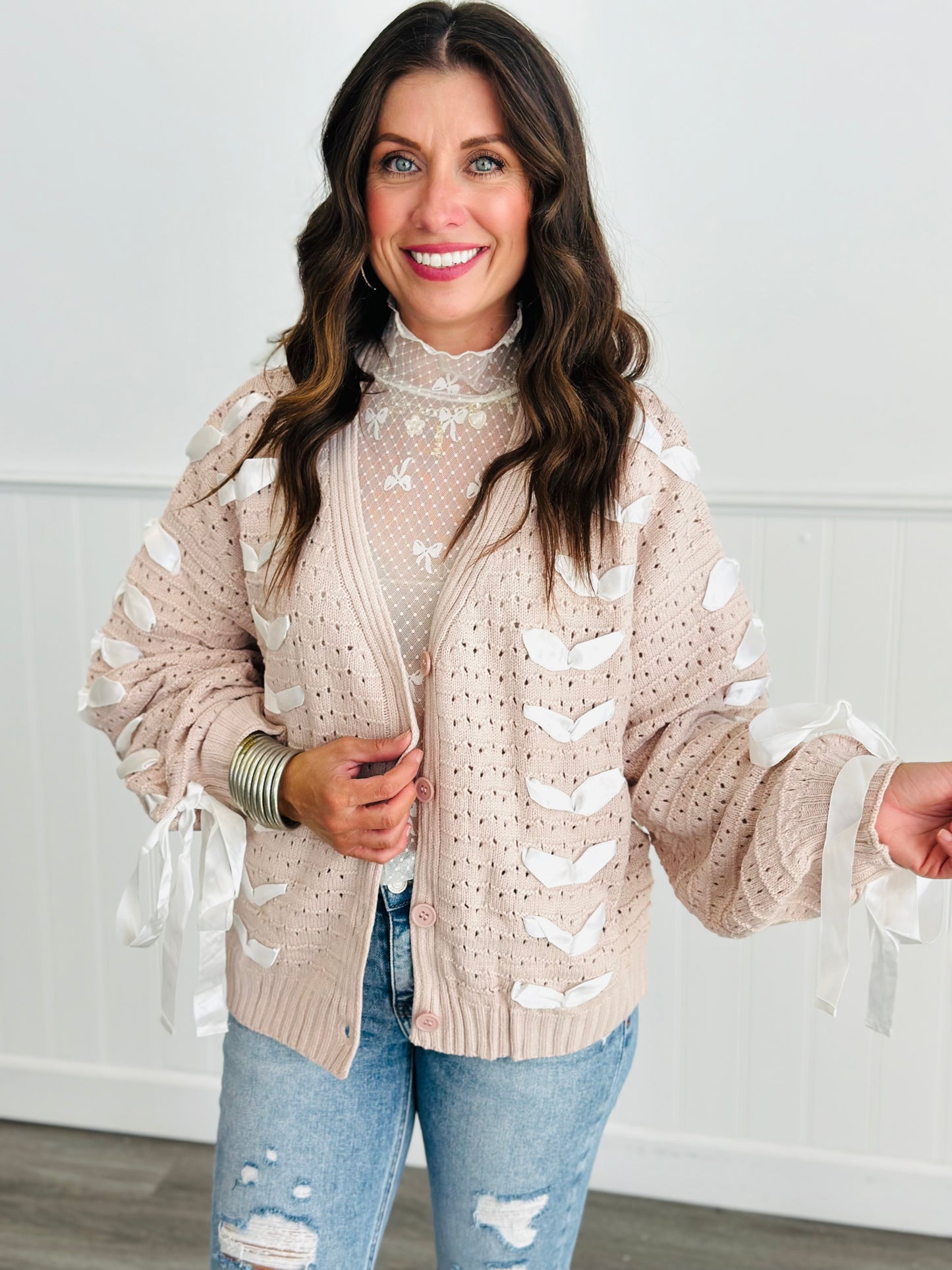 Beige Bow Balloon Sleeve Cardigan (Reg. and Plus)