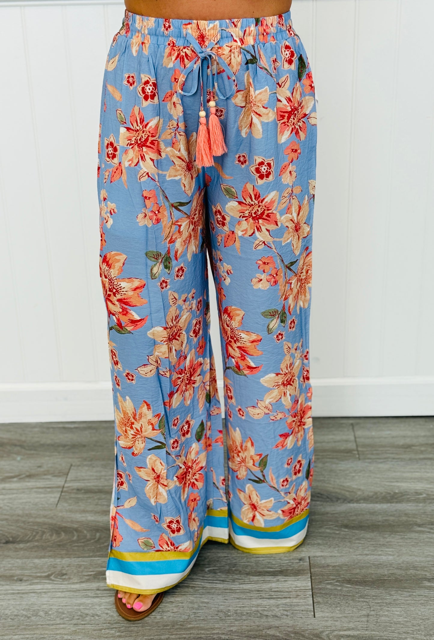 Lt. Blue Multi Floral Printed Wide Leg Pants (Reg. and Plus)