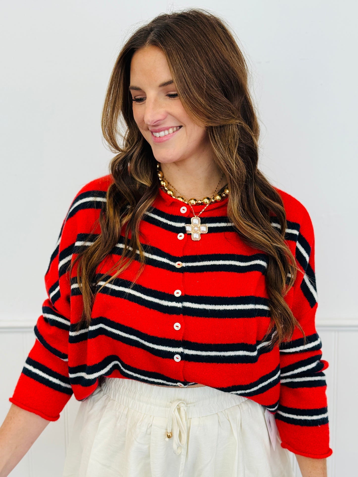 Gigi Tomato Red Striped Cardigan (Reg.)