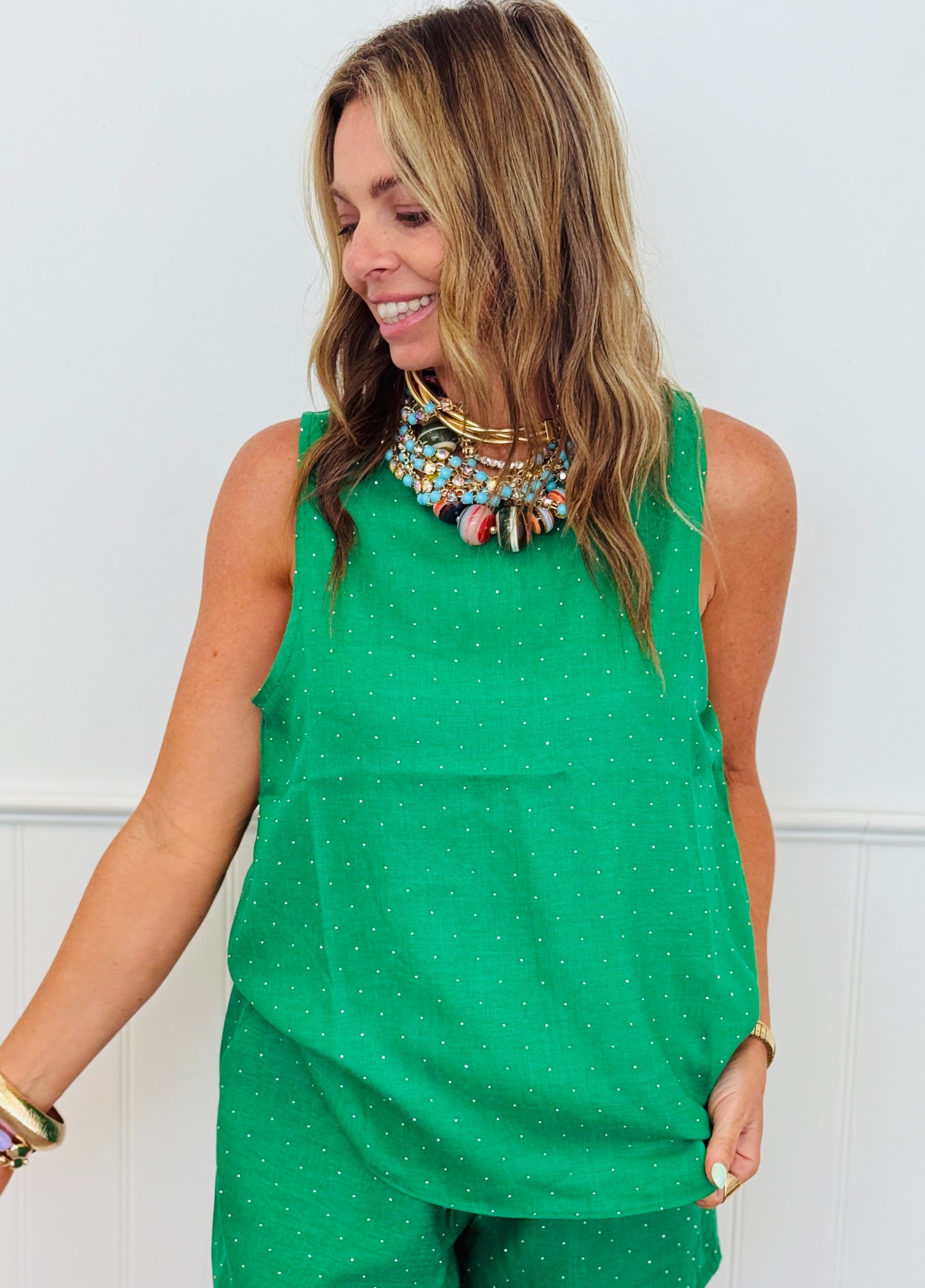 Green Rhinestone Sleeveless Blouse (Reg. and Plus)
