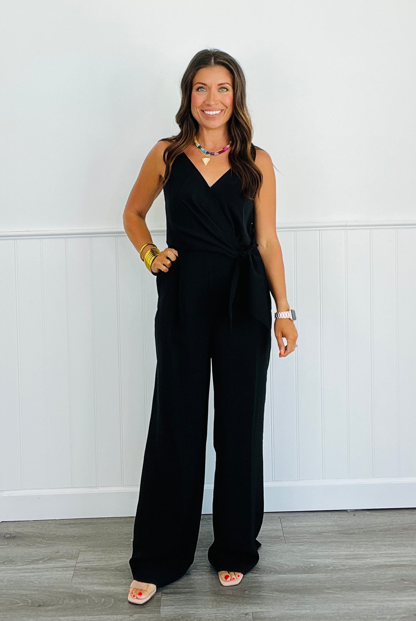 Black Tie Waist Sleeveless Jumpsuit (Reg. and Plus)