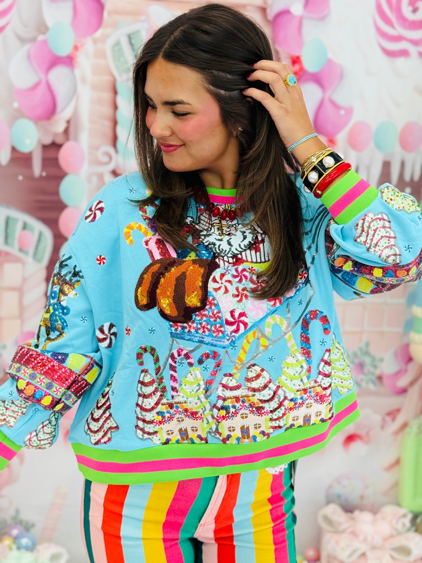 Queen Of Sparkles Aqua Vintage Santa Gingerbread House Sweatshirt (Reg. & Plus)