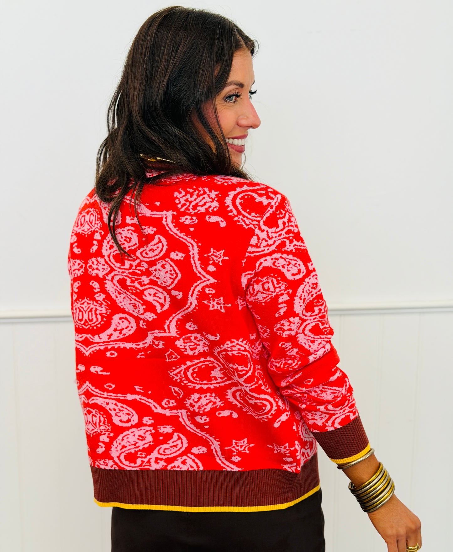 Poppy Red Paisley Knit Sweater Cardigan (Reg.)
