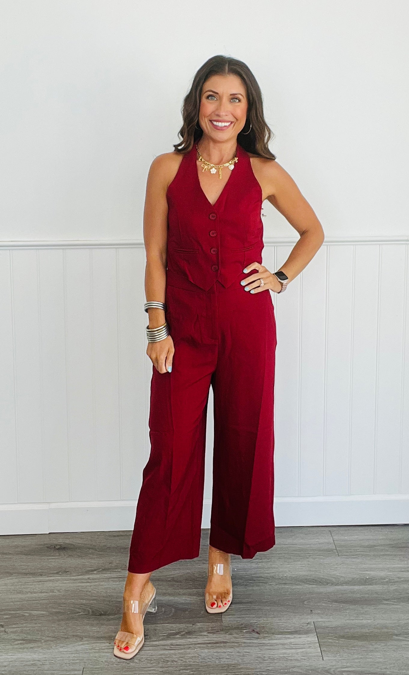 Twill Vest Open Back Jumpsuit (Reg)-2 Colors