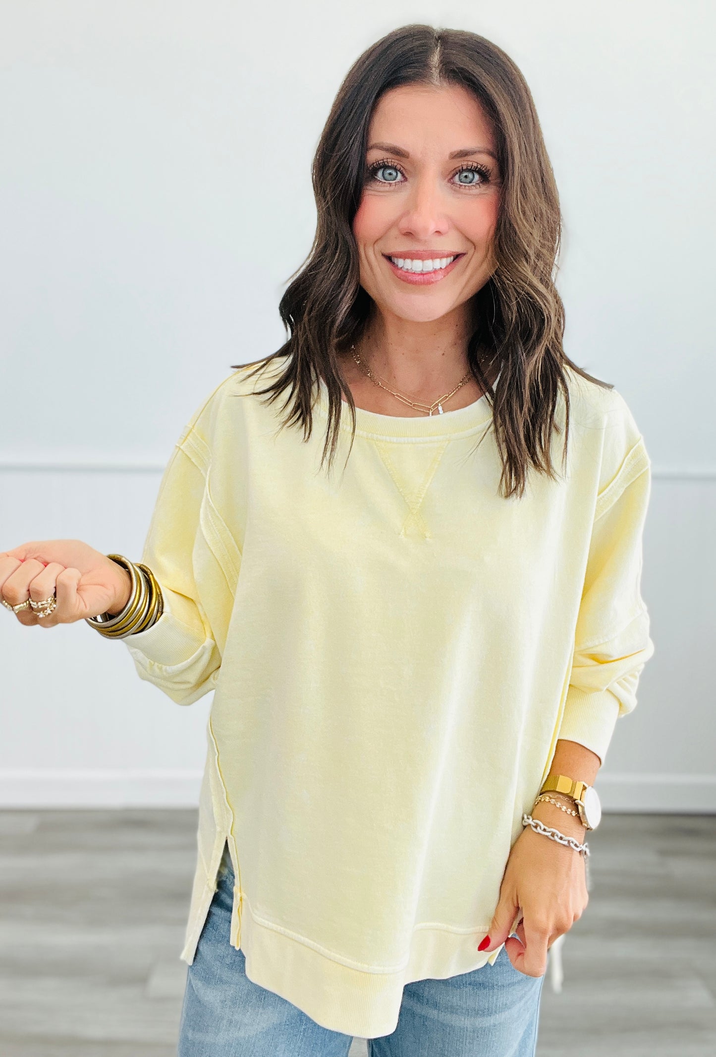 Washed Side Slits Long Sleeve Top (Reg.) - 2 Colors