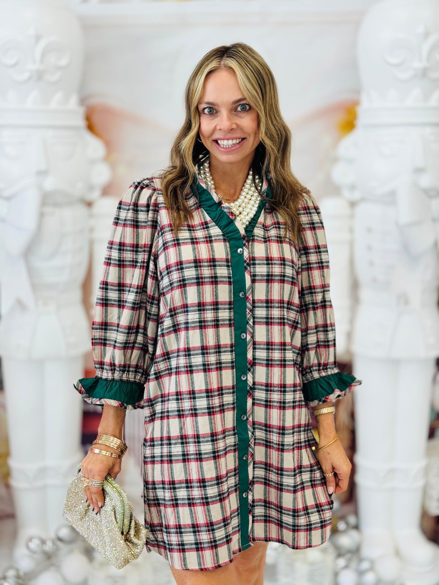 Taupe Plaid 3/4 Puff Sleeve Mini Shirt Dress (Reg.)