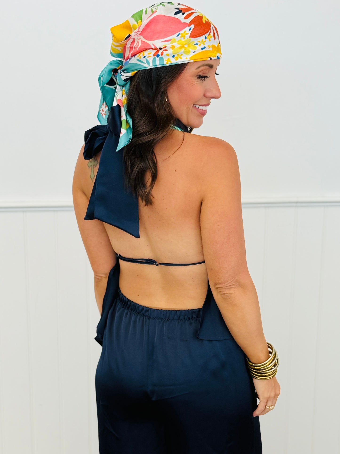 Navy Satin Strap Back Halter Top (Reg.)