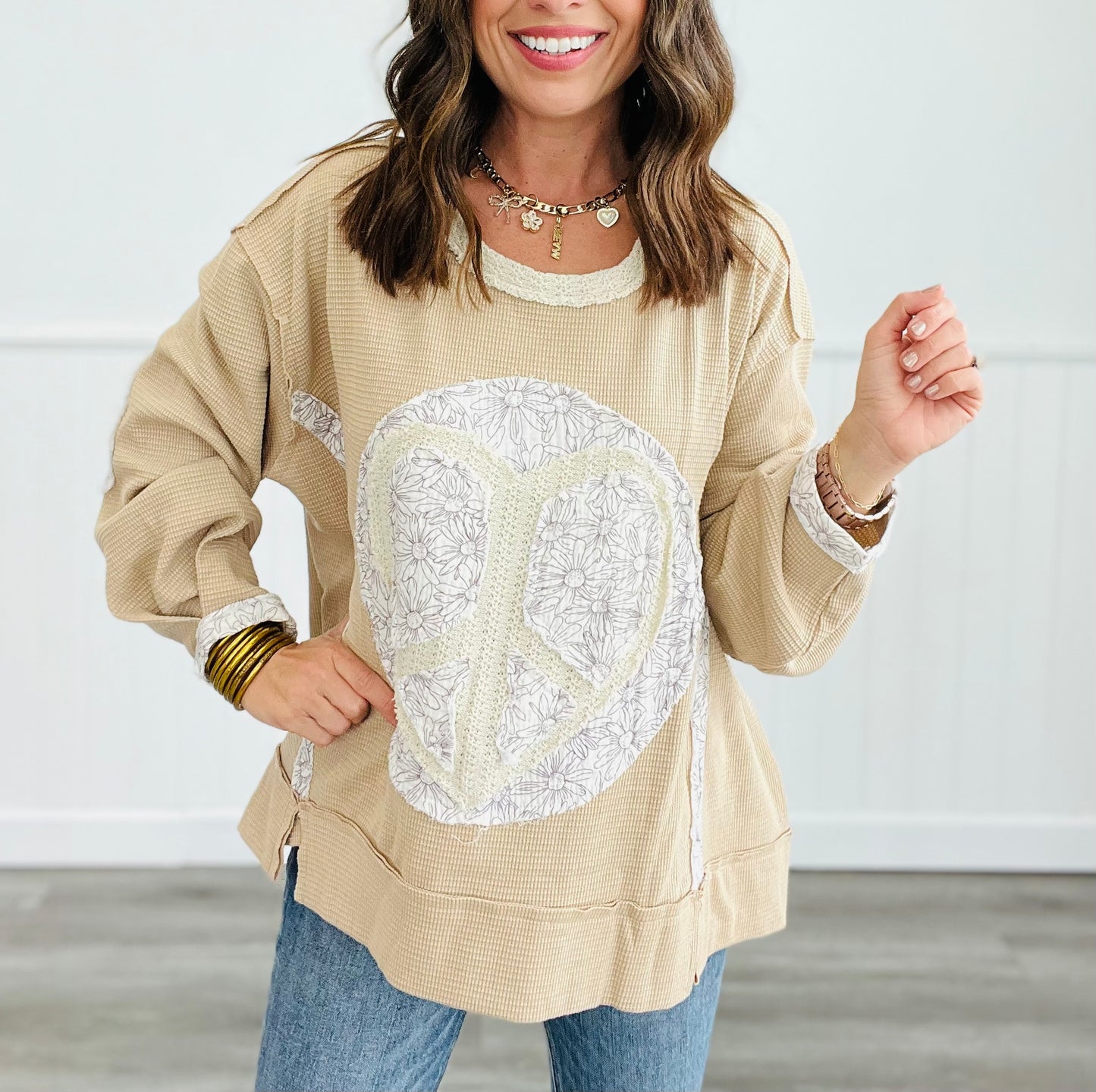 POL Beige Long Sleeve Thermal Peace Patch Top (Reg.)