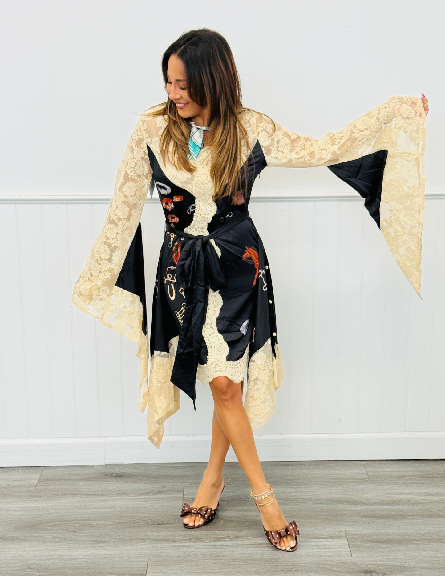 Black Western Lace Print Midi Dress (Reg.)