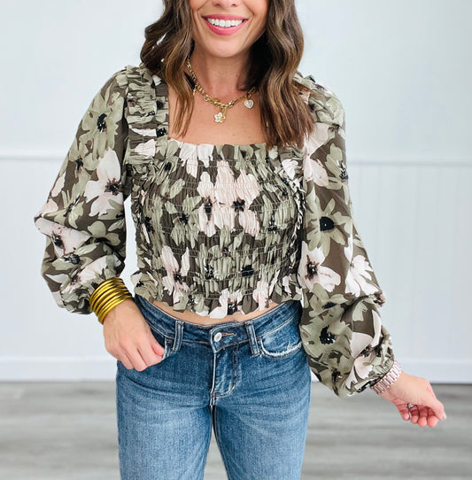 Earth Tones Floral Smocked Top (Reg)