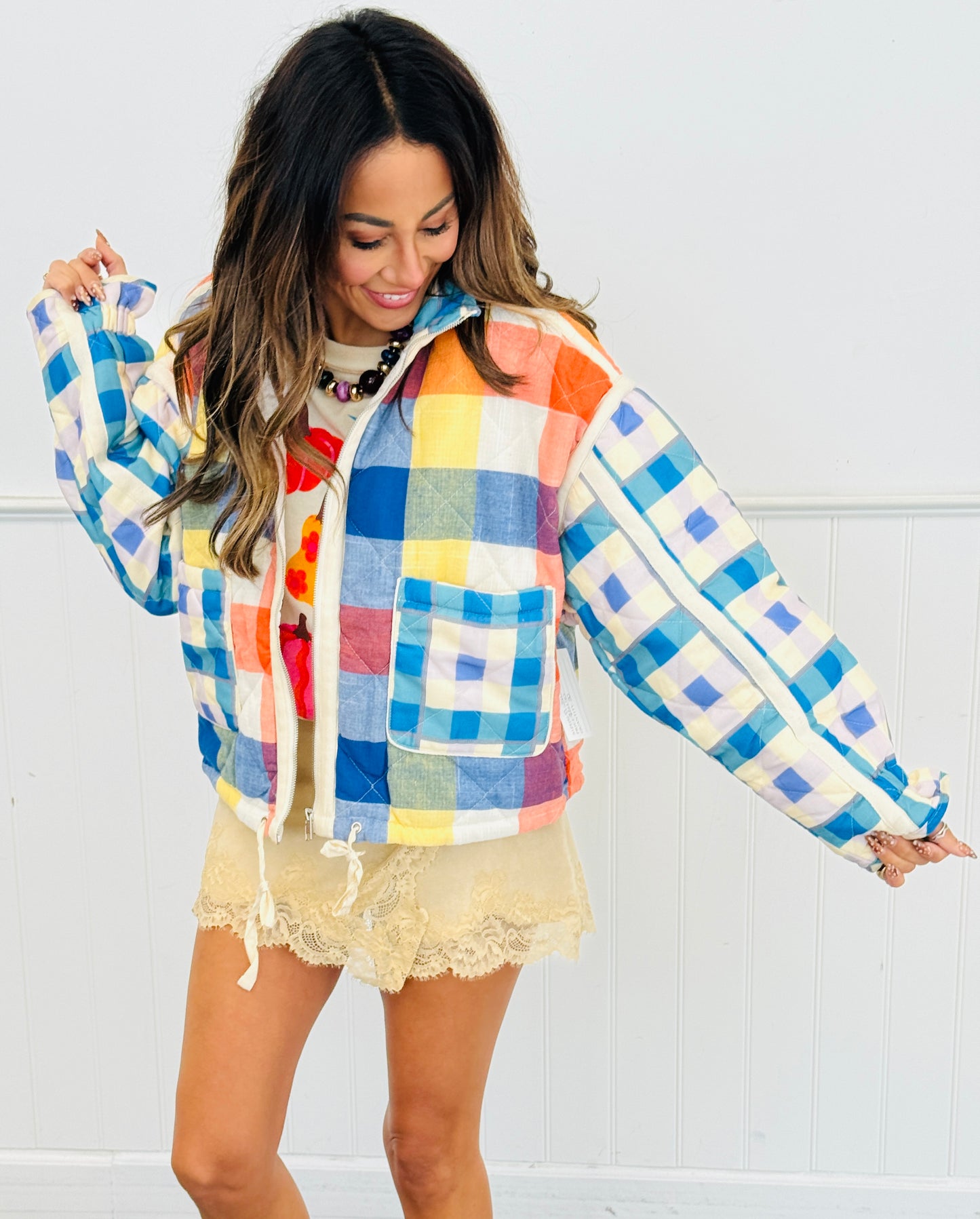 Blue Combo Plaid Quilted Puffer Jacket (Reg & Plus)