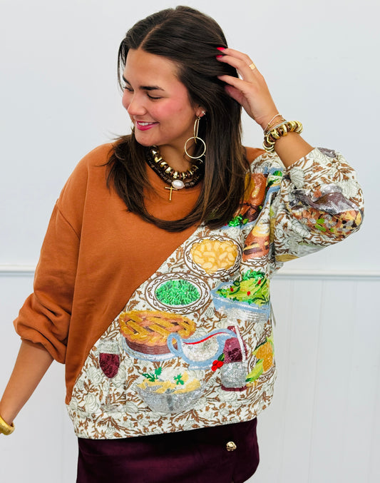Queen Of Sparkles Brown Thanksgiving Meal Sweatshirt (Reg. and Plus)