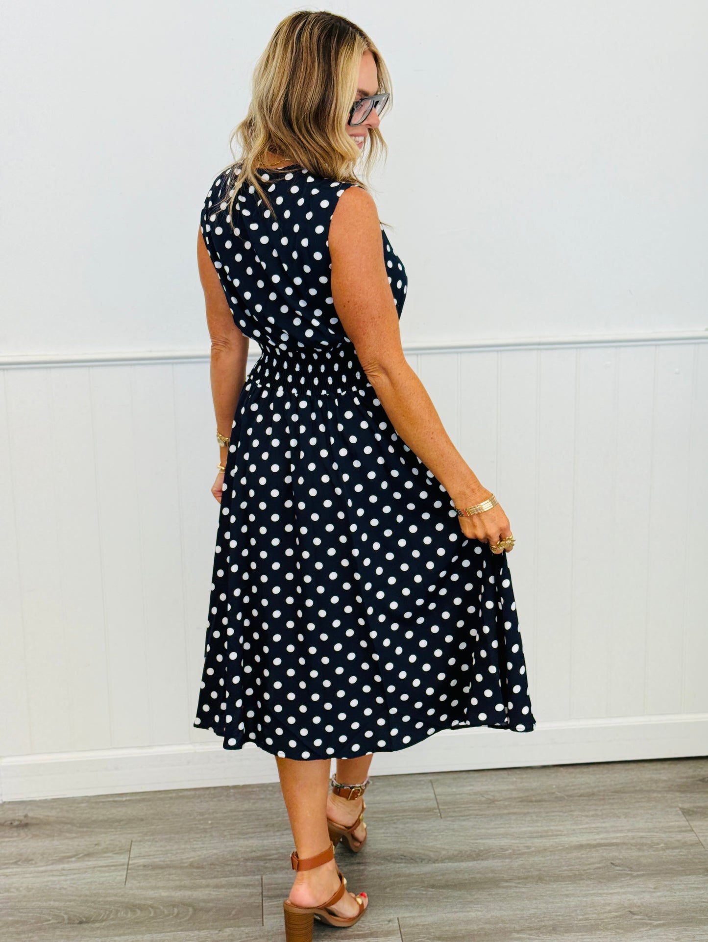 Navy Polka Dot Midi Dress (Reg. and Plus)
