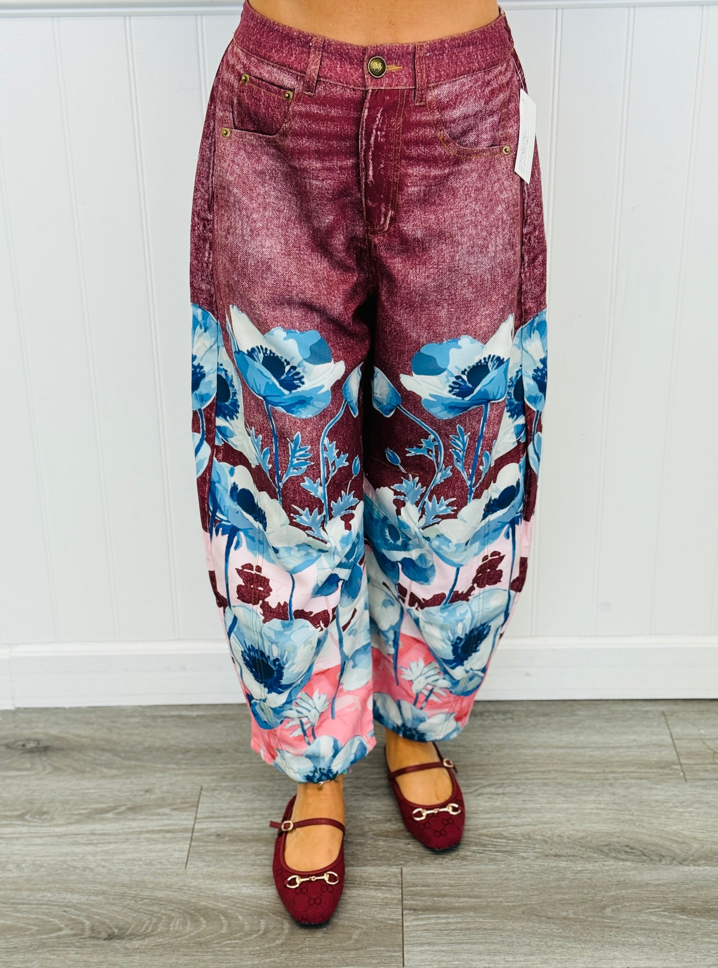 Brown/Burgundy Sublimation Print Denim Look Pants (Reg & Plus)