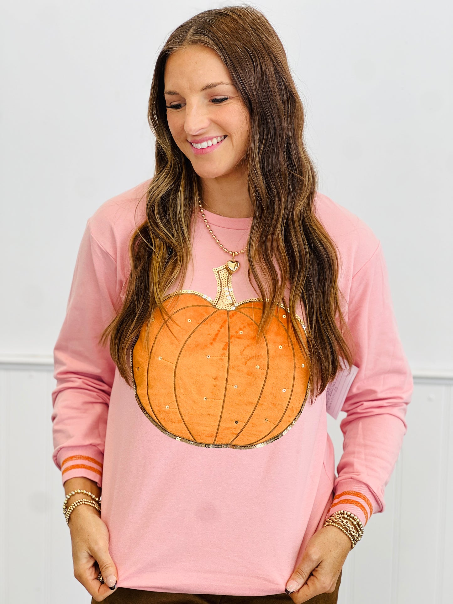 Pink Pumpkin Sequin Long Sleeve Top (Reg. and Plus)
