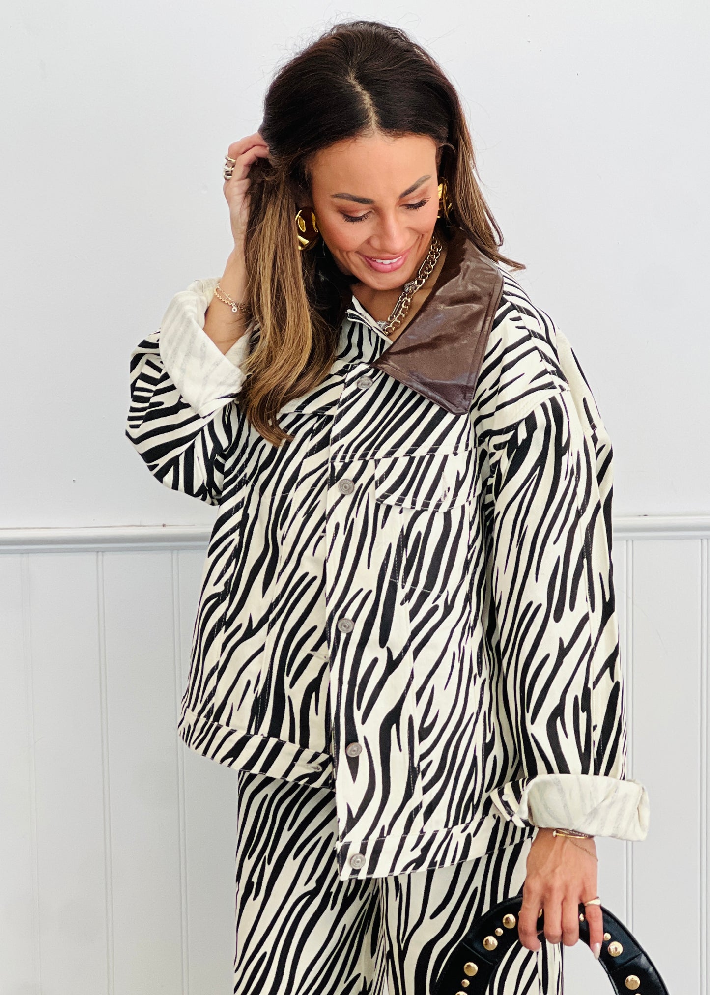 Zebra Print Faux Leather Collar Jacket (Reg.)