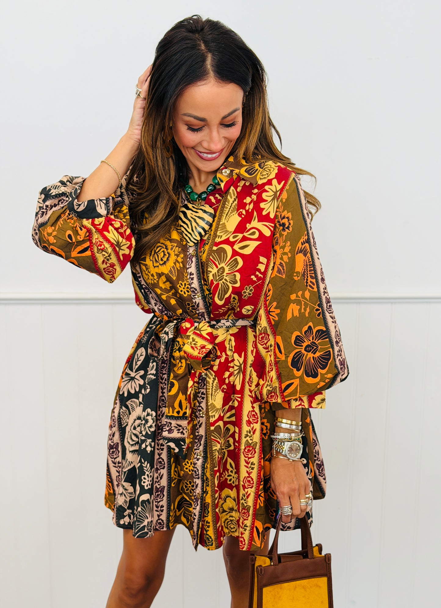 Brown Botanical Stripe Print Mini Dress (Reg & Plus)