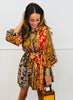 Brown Botanical Stripe Print Mini Dress (Reg & Plus)