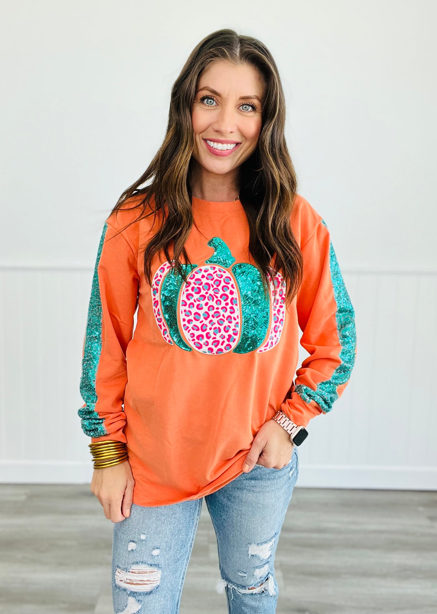 Orange Pumpkin Sequin Long Sleeve Top (Reg. & Plus)