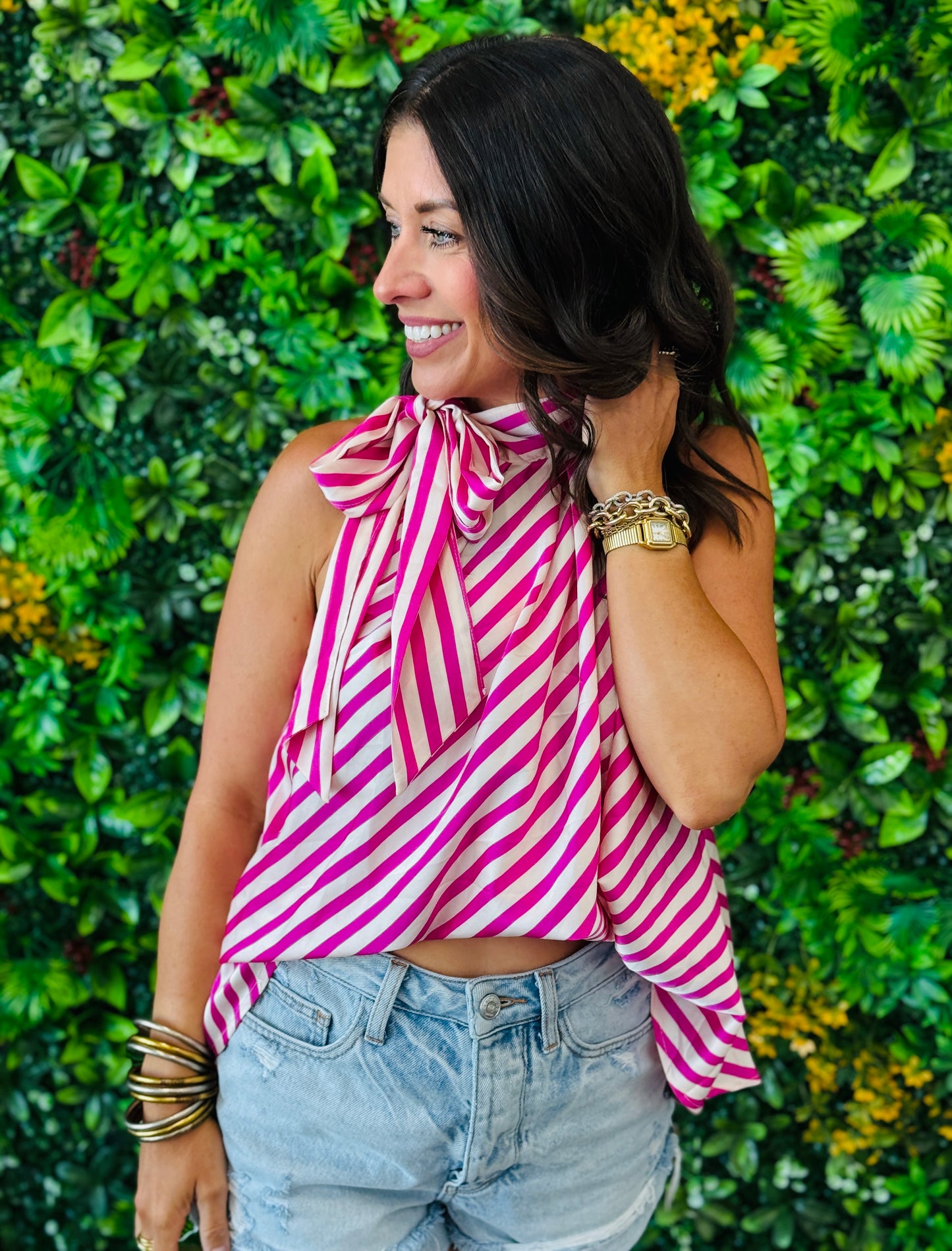 Pink Stripe Shoulder Bow Tie Blouse (Reg.)