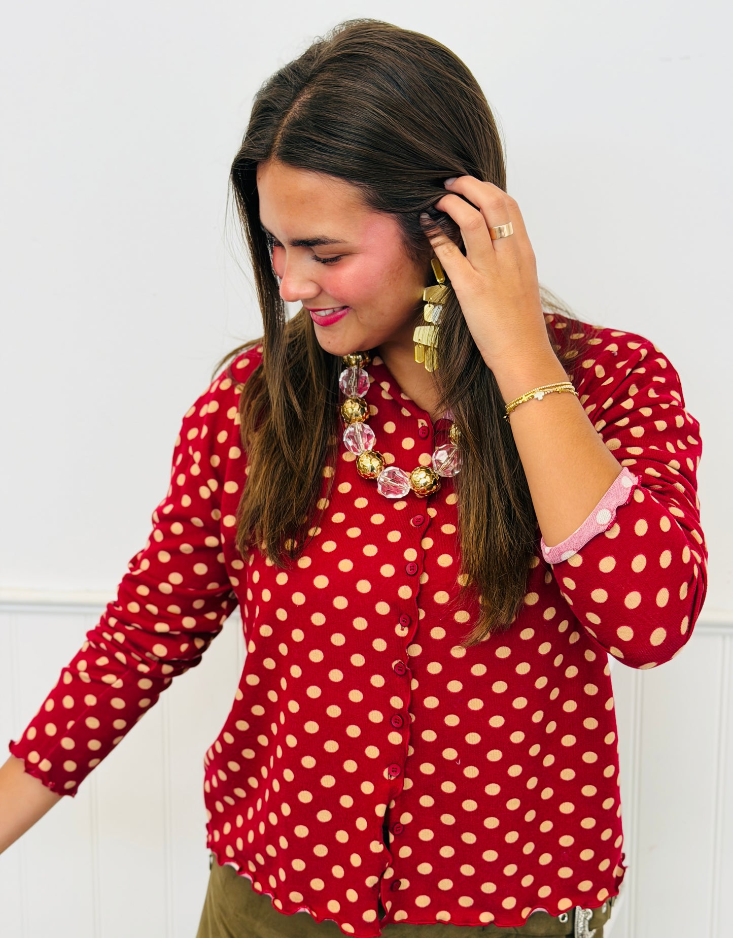 Polka Dot Button Up Knit Top (Reg.) - 3 Colors