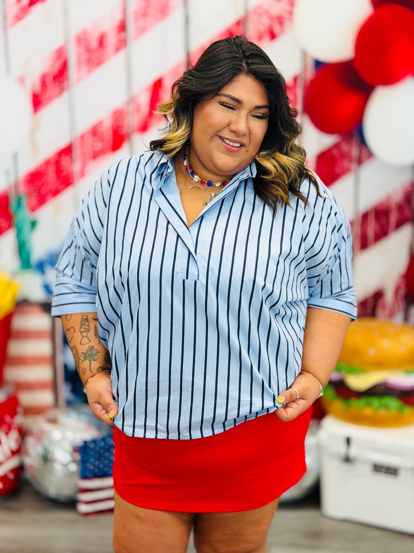 Blue Striped Button Down Chic Blouse (Reg. and Plus)
