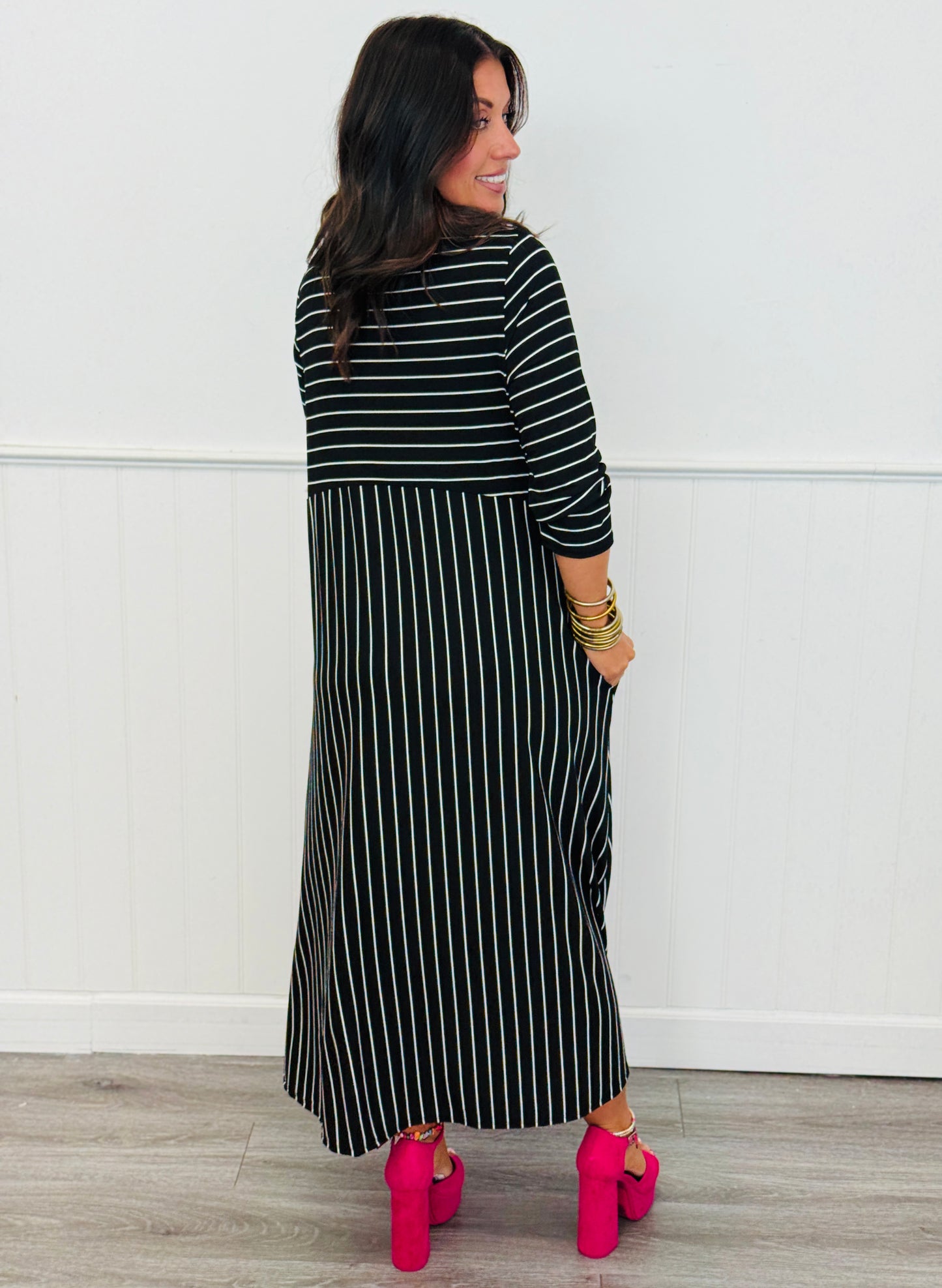 Black Carefree Striped Midi Dress (Reg & Plus)