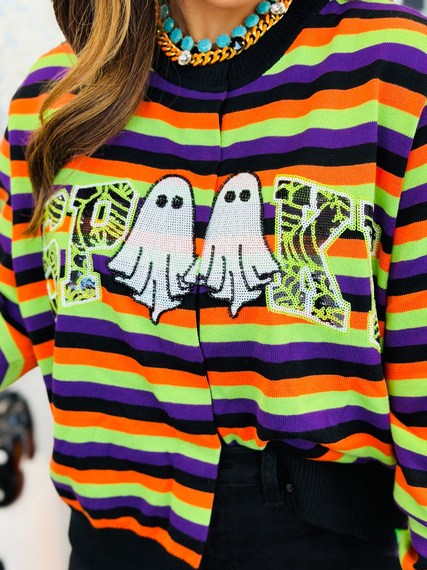 Queen Of Sparkles Striped 'Spooky' Icon Button Up Cardigan (Reg. and Plus)