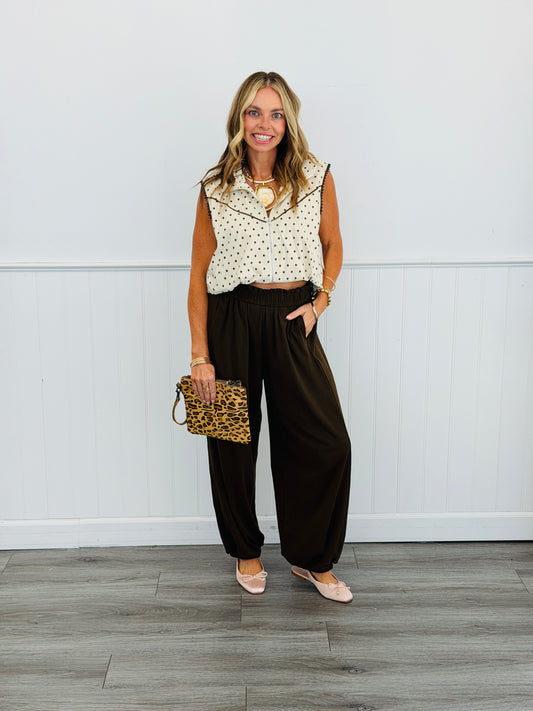 Brown Polka Dot Zip Up Vest & Pants Set (Reg.)