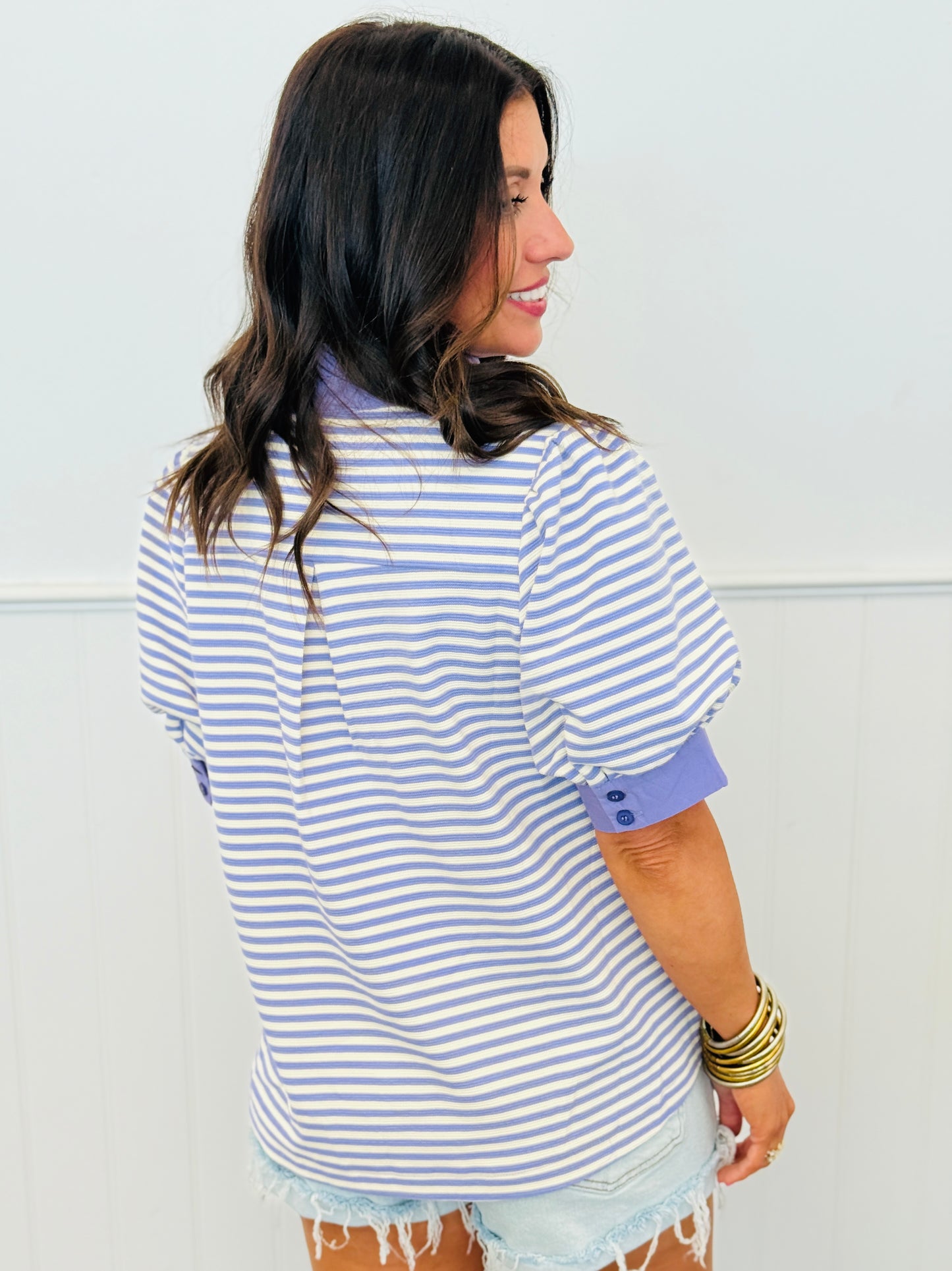 Striped Contrast Trim Puff Sleeve Top (Reg.) - 2 Colors
