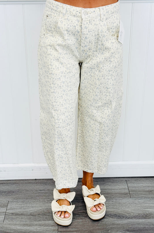Cream Ditzy Blue Barrel Pants (Reg. and Plus)