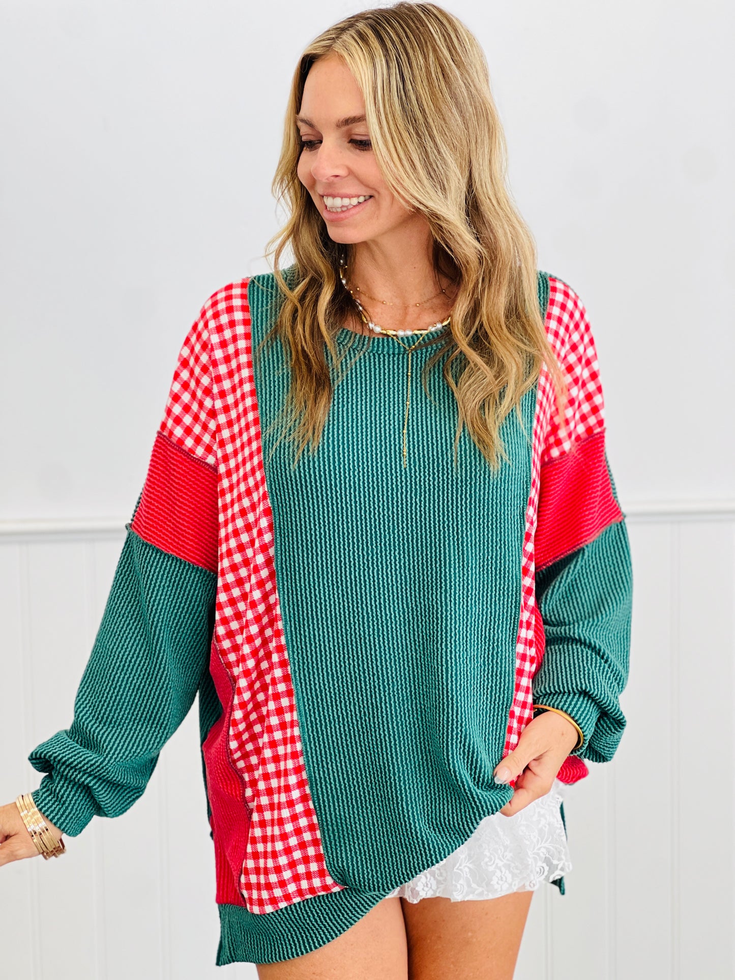 Hunter Green Color Block Holiday Top (Reg & Plus)