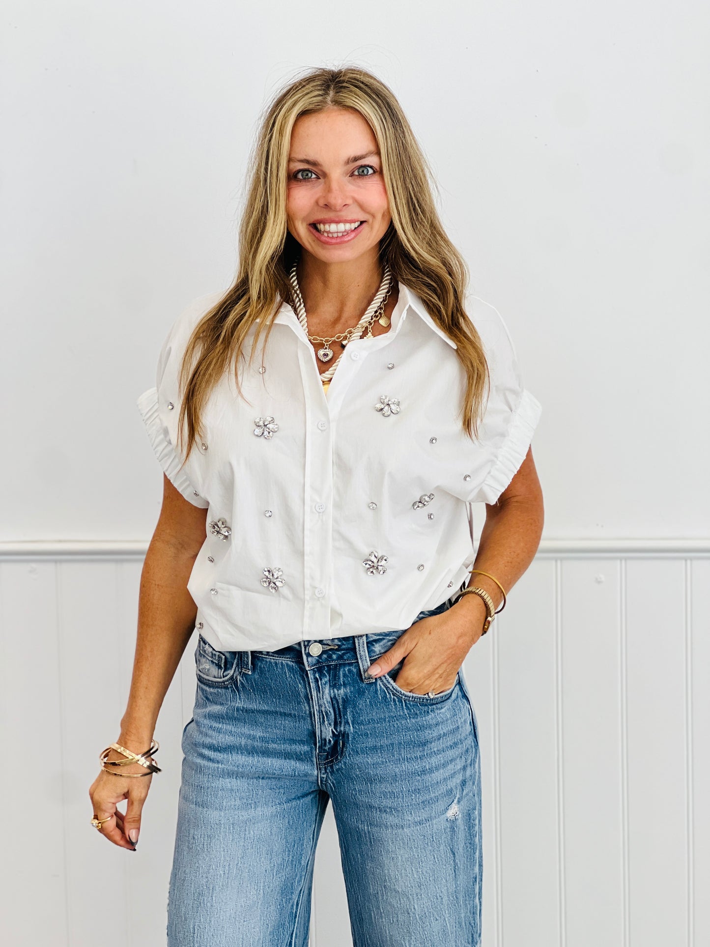 Crystal Studded Button Up Blouse (Reg.) - 3 Colors