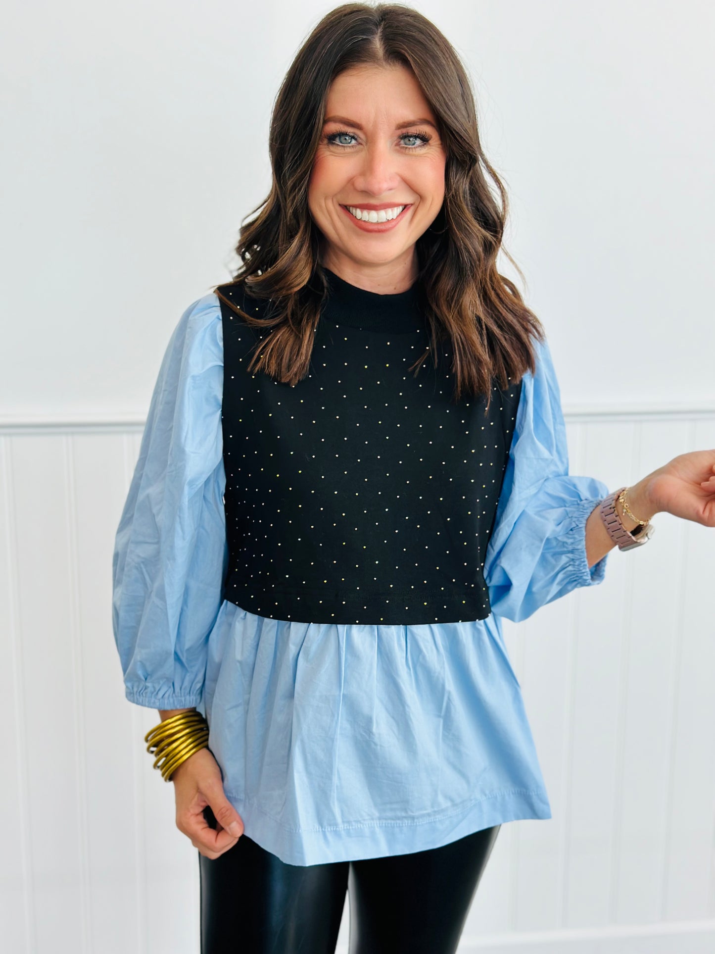 Studded Twofer Poplin Blouse (Reg & Plus)- 2 Colors