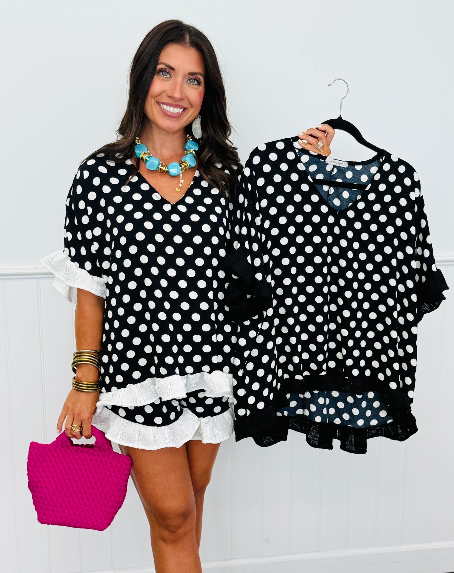 Black Polka Dot Ruffle Hem Blouse (Reg. and Plus) - 2 Colors