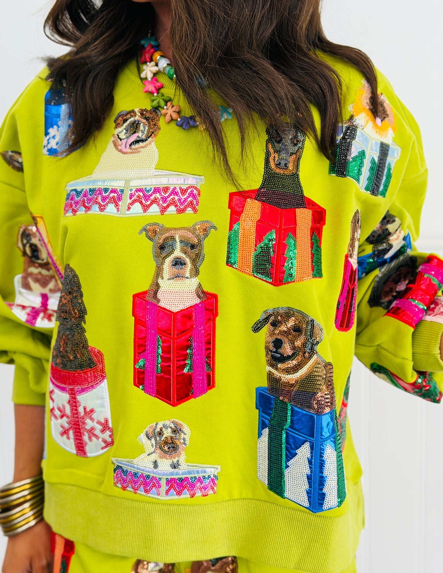 Queen Of Sparkles Green Dogs in Present Boxes Sweatshirt (Reg. & Plus)