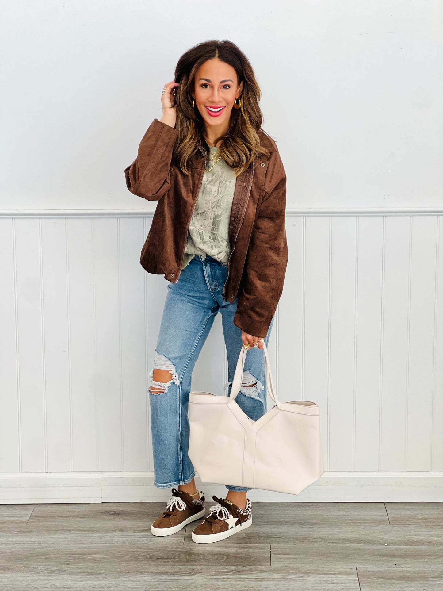 Brown Faux Suede Zip & Snap Jacket (Reg.)