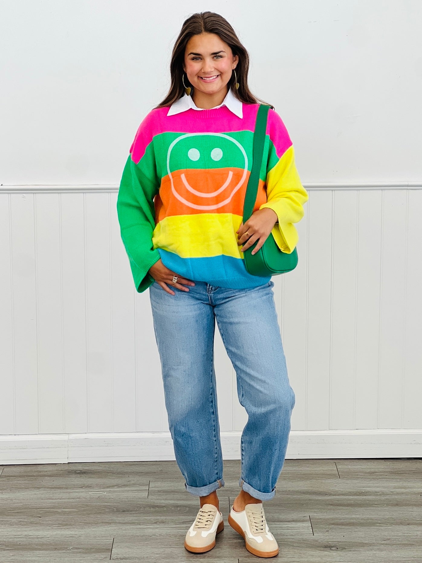 Multi Colored Wide Stripe Happy Face Sweater (Reg. and Plus)