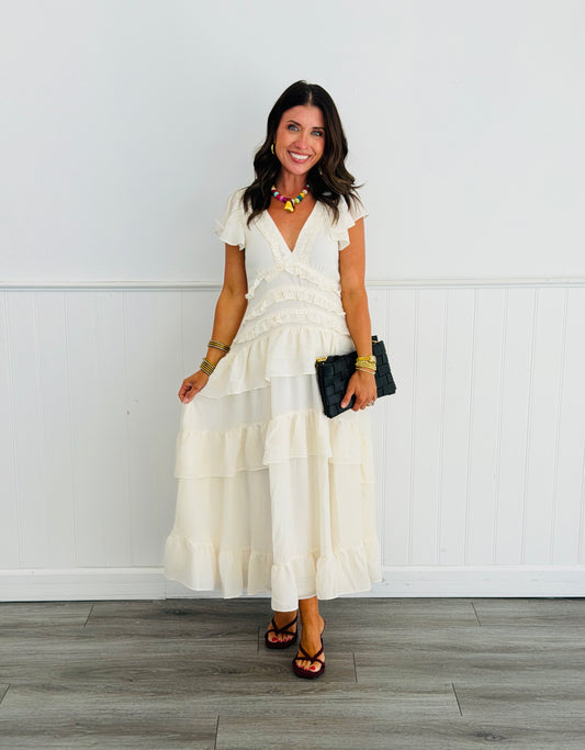 Cream Ruffled Tiered  Midi Dress (Reg & Plus)