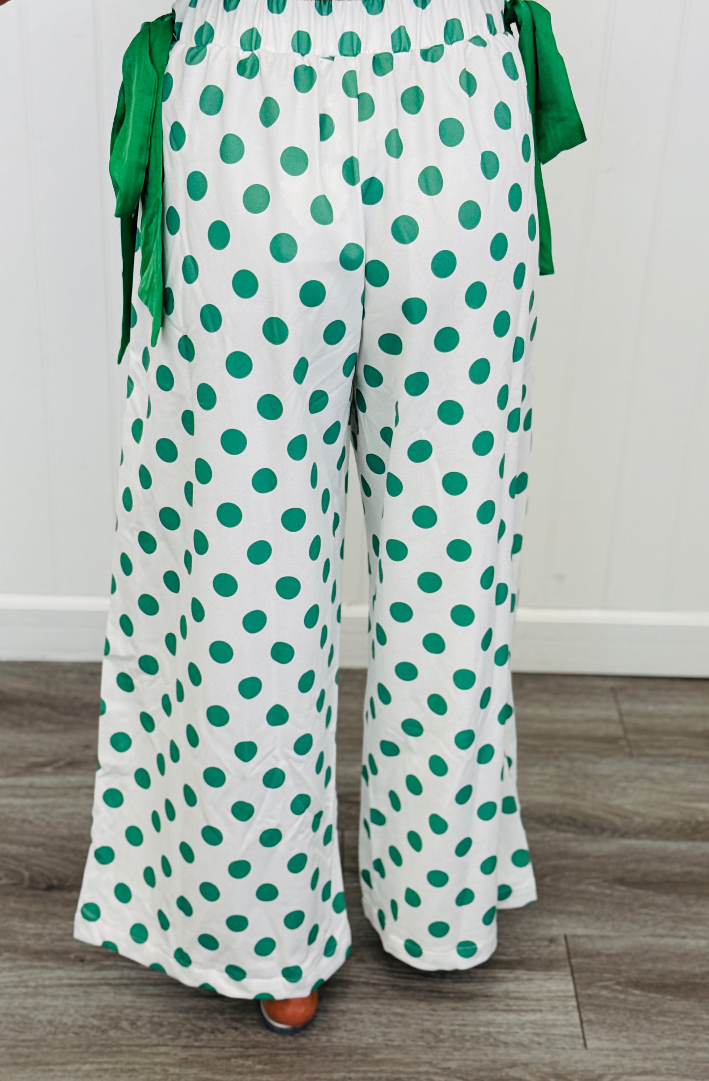 Ivory/Sage Polka Dot Side Sash Wide Leg Pants (Reg.)