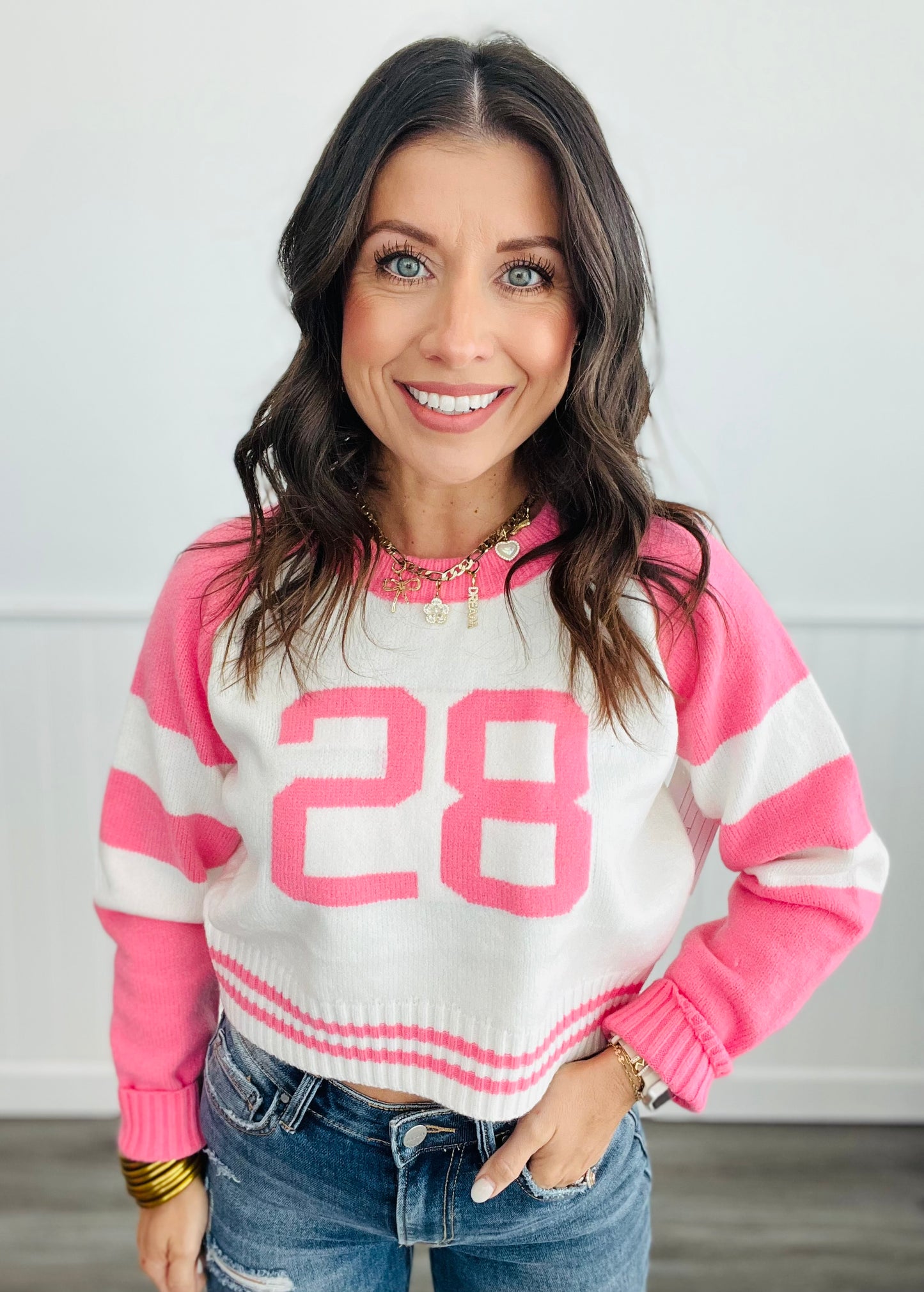 White/Pink Number 28 Sweater Top (Reg.)