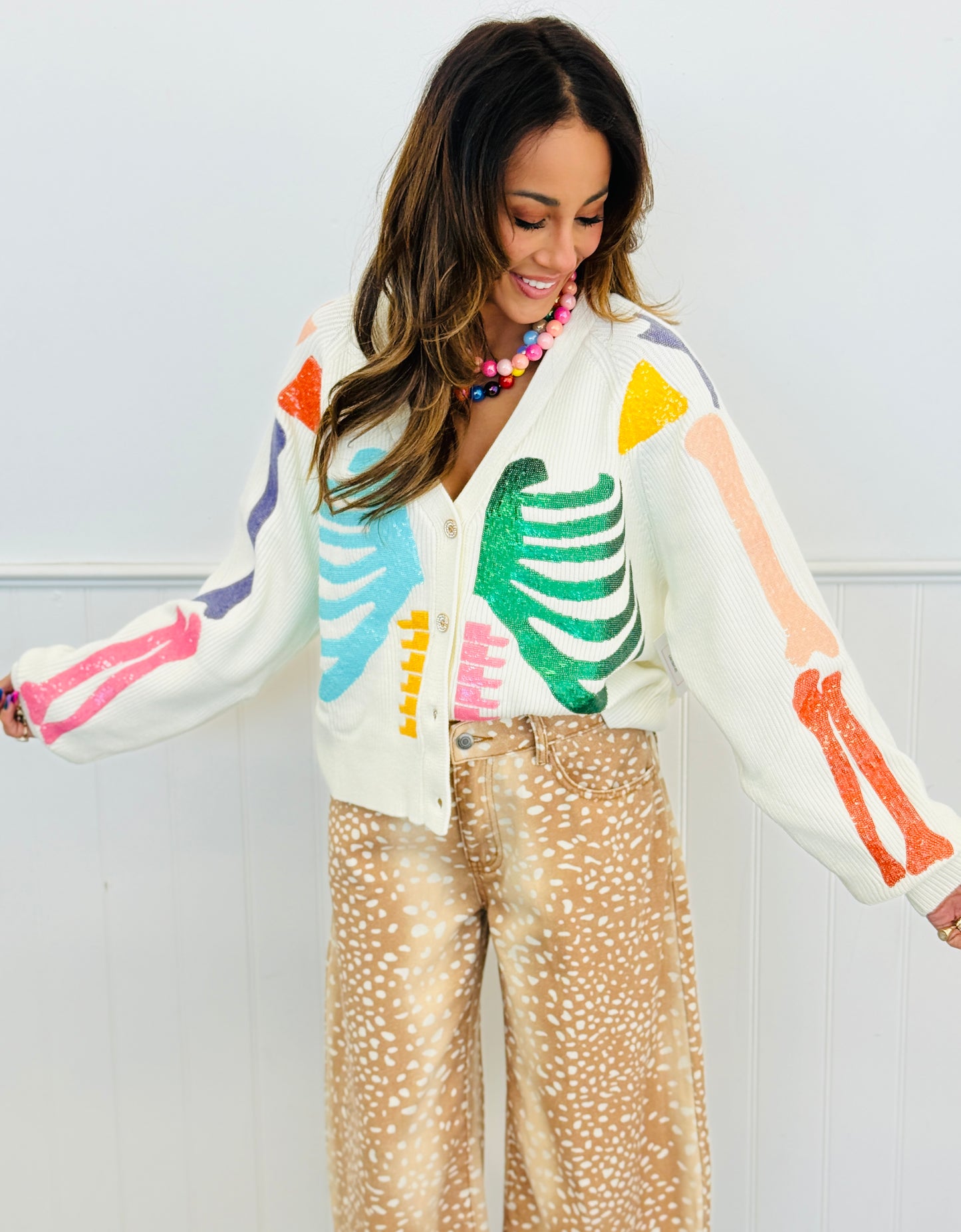 Queen Of Sparkles Ivory Multi Skeleton Button Up Cardigan (Reg. and Plus)