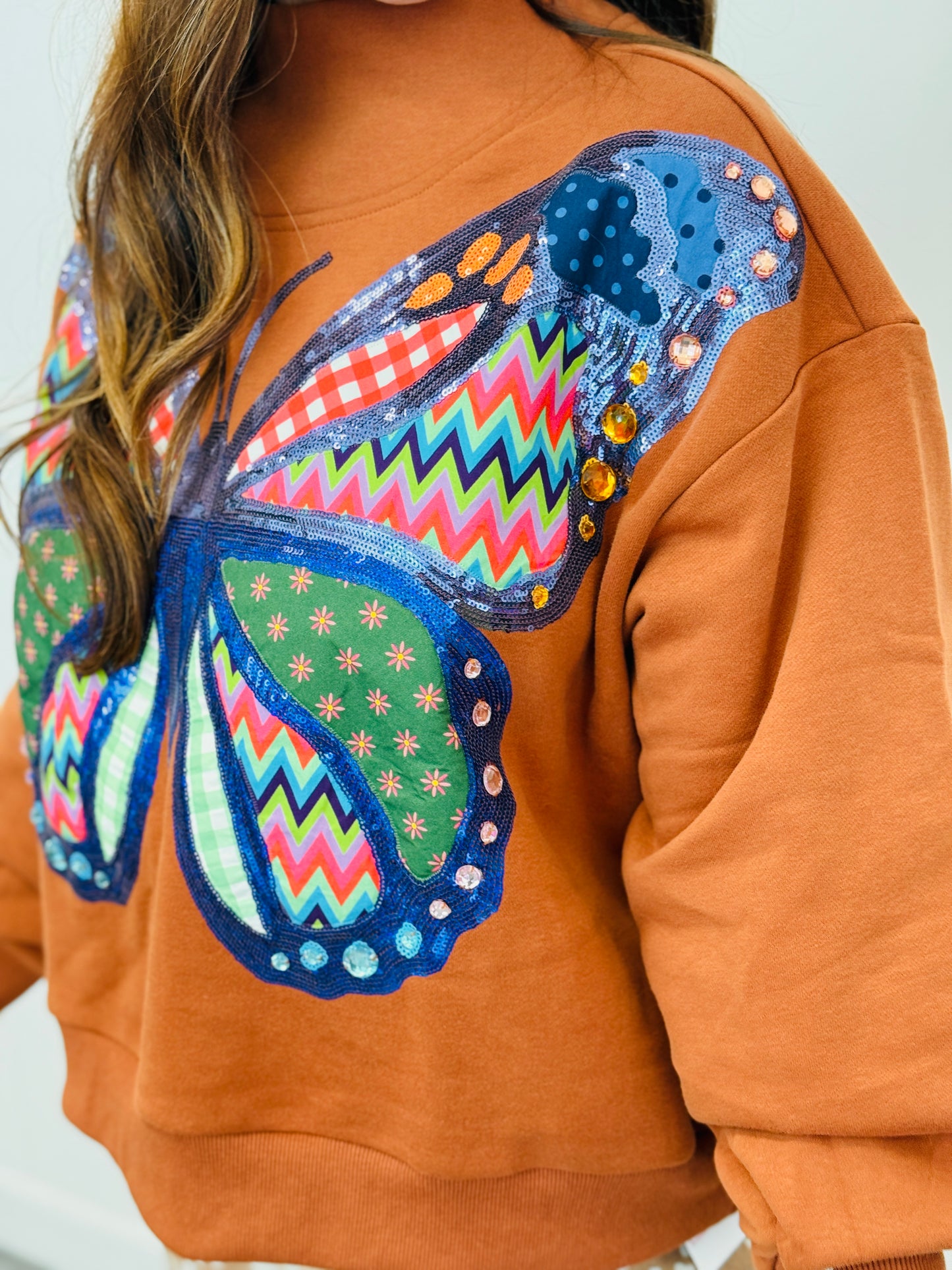 Queen Of Sparkles Brown Patchwork Butterfly Mock Neck Sweatshirt (Reg. and Plus)