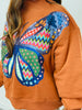 Queen Of Sparkles Brown Patchwork Butterfly Mock Neck Sweatshirt (Reg. and Plus)