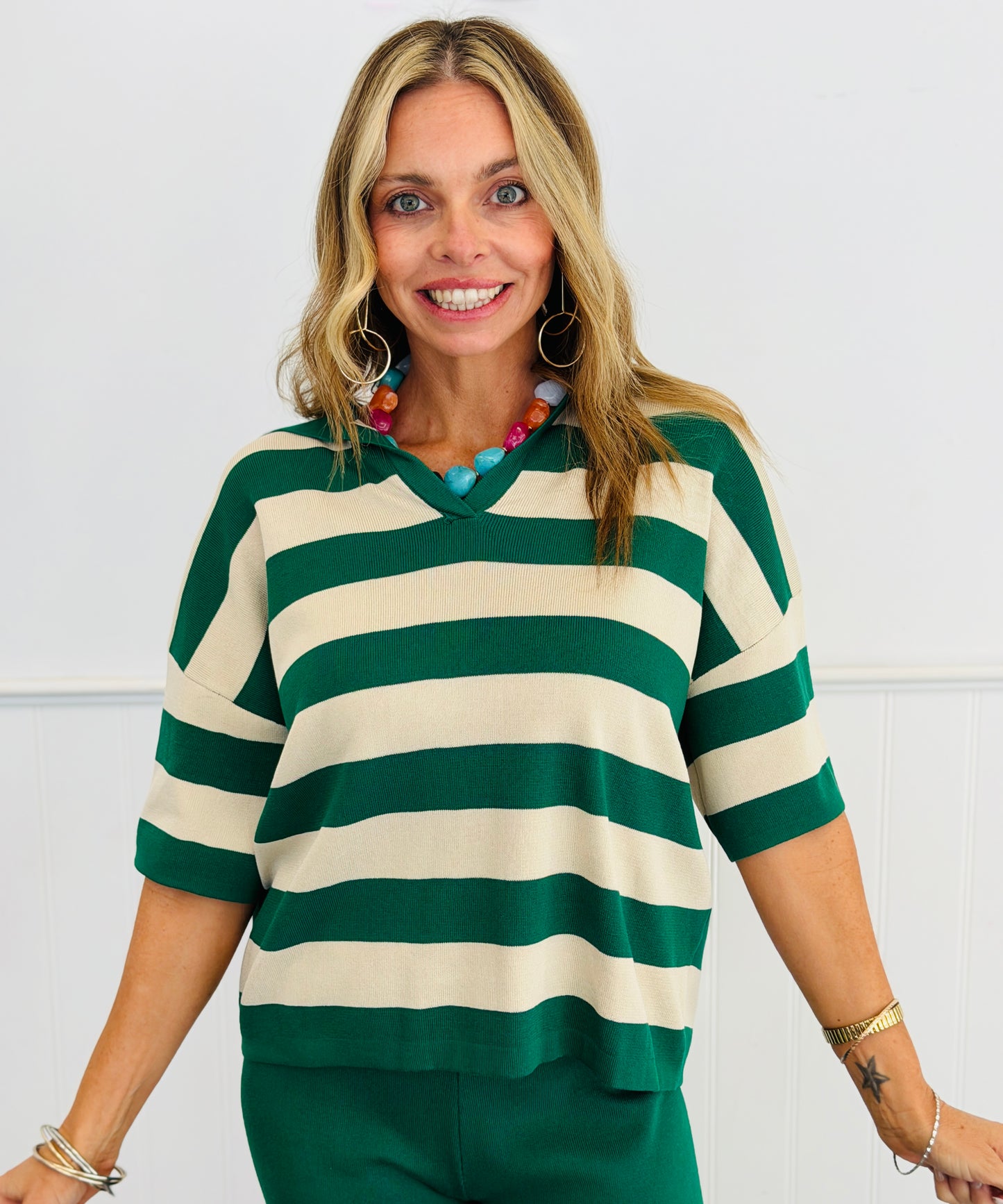 Hunter Green/Almond Stripe Top & Solid Pant Set (Reg.)