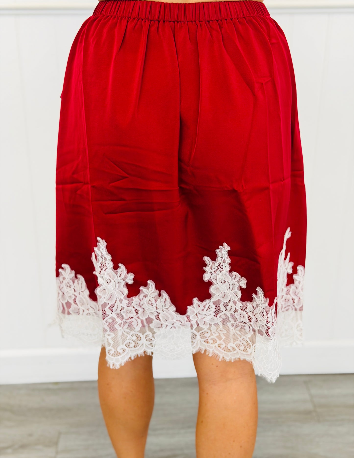 Satin Lace Trim Knee Length Skirt (Reg & Plus) - 2 Colors