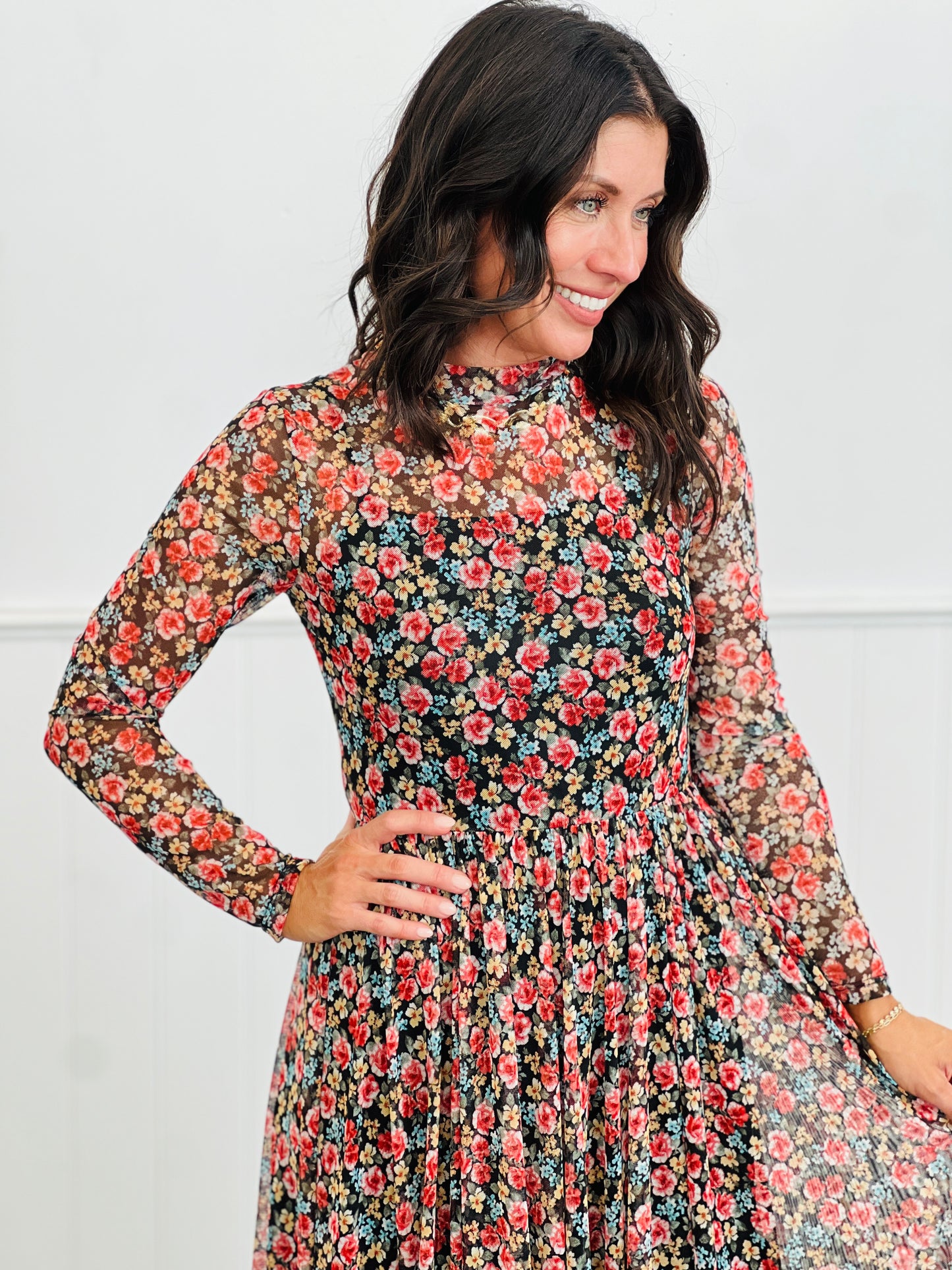 Black Floral Print Mesh Maxi Dress (Reg & Plus)