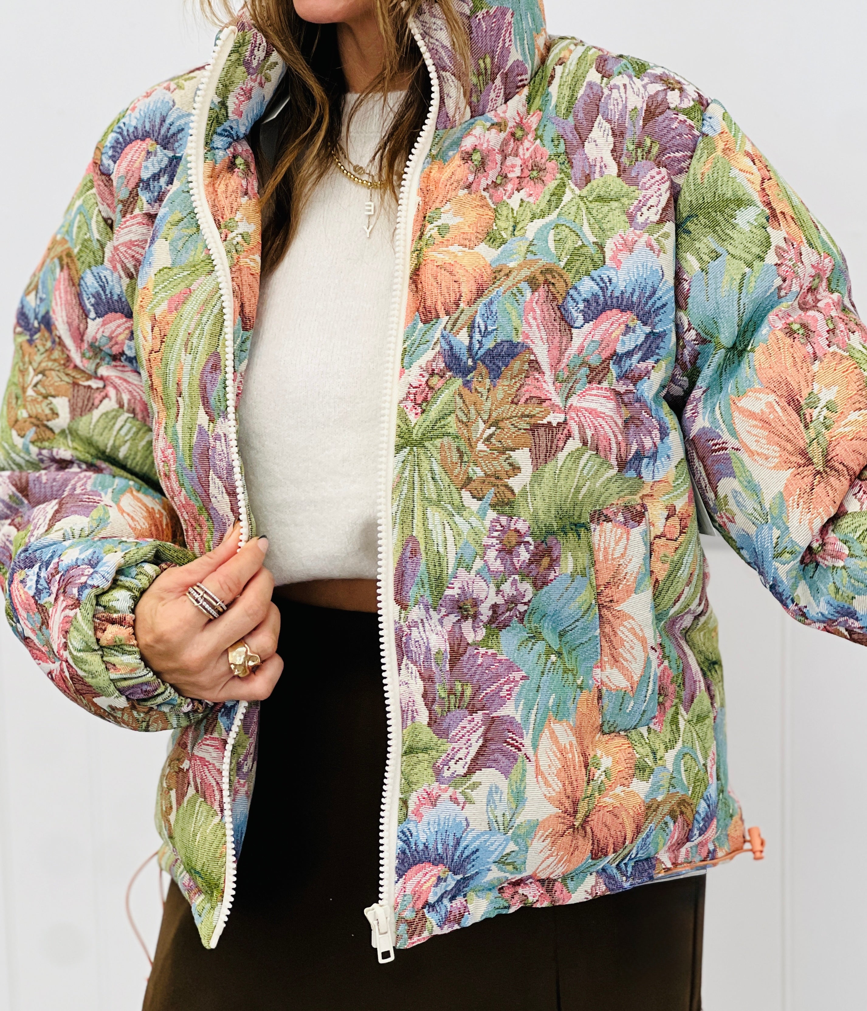 Floral Jacquard Puffer Jacket (Reg & Plus) – Walker Rose Boutique