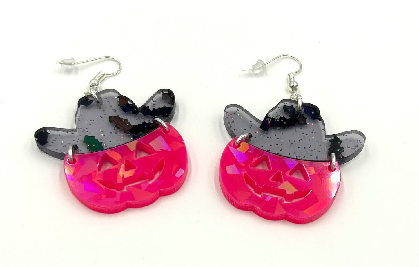 Pink Pumpkin & Bat Hat Earrings